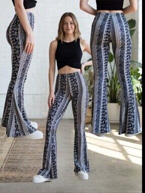Women's Navy Allover Boho Print High Waisted Flare Leg Pants